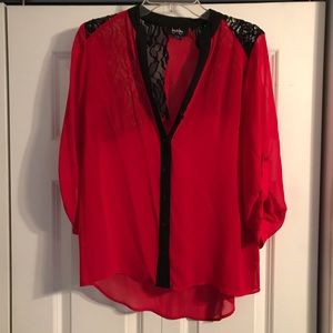 Red blouse with black lace